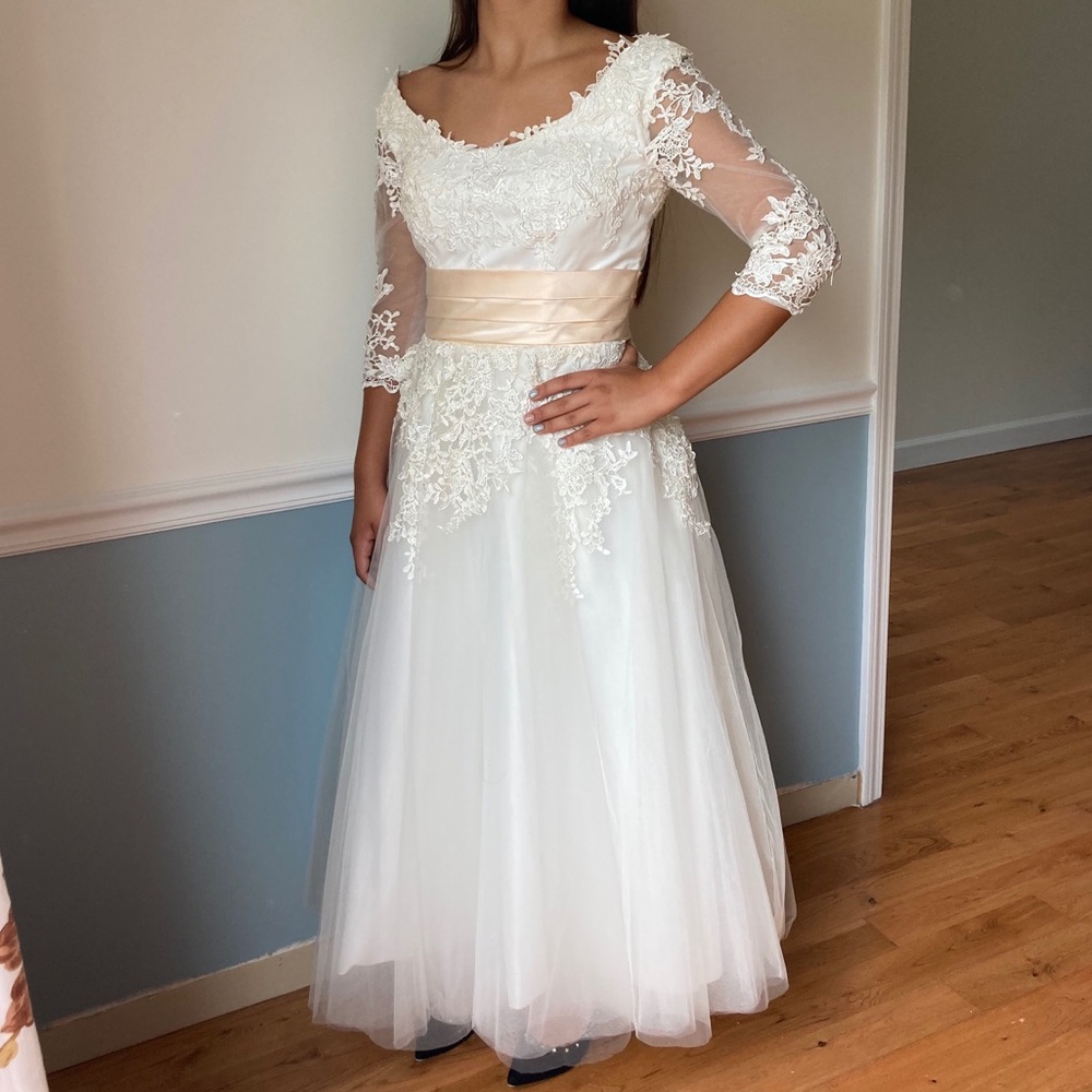 White lace formal dress with Ivory Belt